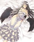  ahoge albedo bare_shoulders barefoot black_hair black_wings breasts cleavage demon_girl detached_collar dress feathered_wings frilled_dress frills gloves hair_over_one_eye hand_on_own_chest highres hip_vent horns large_breasts long_hair lying on_back overlord_(maruyama) parted_lips smile solo tousen very_long_hair white_gloves wings yellow_eyes 