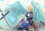  bad_id bad_pixiv_id blonde_hair gun hair_over_one_eye highres kikivi long_hair mabinogi original pointy_ears red_eyes solo weapon wings 