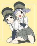  arare_(kantai_collection) black_hair blue_hair brown_eyes hat kantai_collection multiple_girls one_eye_closed ooshio_(kantai_collection) sekina short_hair smile suspenders twintails 