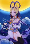  1girl artist_request breasts bunny cleavage diana_(league_of_legends) hair_ornament league_of_legends legs long_hair moon night pet purple_eyes purple_hair rabbit smile star stars stockings thighhighs 