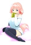  animal_ears bare_shoulders black_legwear blue_eyes blush book breasts covering_mouth detached_sleeves ears_down kanae_(naomi) large_breasts looking_at_viewer naomi_(sekai_no_hate_no_kissaten) original pink_hair short_hair sitting solo sweater tail thighhighs 