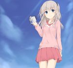  bad_id bad_pixiv_id blouse blue_eyes camcorder casual charlotte_(anime) highres koucha_(clotea777) long_hair ribbon-trimmed_clothes ribbon_trim silver_hair skirt solo sweater tomori_nao two_side_up 