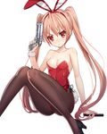  animal_ears blush breasts bunny_ears bunny_tail bunnysuit dual_wielding gun handgun hidan_no_aria high_heels holding kanzaki_h_aria leotard long_hair looking_at_viewer pantyhose pink_hair red_eyes red_leotard ririko_(zhuoyandesailaer) side-tie_leotard small_breasts solo tail twintails weapon wrist_cuffs 