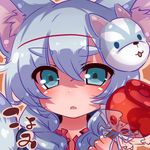  animal_ear_fluff animal_ears aqua_eyes blue_eyes blue_hair candy_apple face fang food hair_between_eyes koyomi_(shironeko_project) lavender_hair long_hair looking_at_viewer muuran open_mouth shironeko_project silver_hair solo wolf_ears wolf_girl wolf_mask 