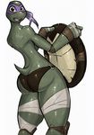  anthro brown_eyes butt clothing donatello_(tmnt) girly green_skin hyperburd looking_back male mask reptile scalie simple_background teenage_mutant_ninja_turtles tight_clothing turtle undressing 