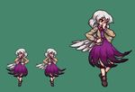  bad_id bad_nicoseiga_id green_background grey_hair hand_on_own_face jacket kishin_sagume long_sleeves parody pixel_art red_eyes shirt shoes short_hair simple_background single_wing skirt solo style_parody takorin touhou wings 