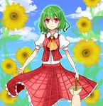  ascot bad_id bad_twitter_id blouse closed_umbrella cloud cloudy_sky cowboy_shot day flower green_hair kazami_yuuka looking_at_viewer no_legs outline parasol plaid plaid_skirt plaid_vest puffy_short_sleeves puffy_sleeves red_eyes short_hair short_sleeves sketch skirt skirt_set sky smile solo sunflower touhou umbrella vest yada_(xxxadaman) 