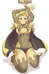  ahoge arms_up barefoot blonde_hair book breasts cape center_opening cleavage fire_emblem fire_emblem_if long_hair medium_breasts namekomeshi ophelia_(fire_emblem_if) solo toeless_legwear 