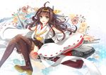  ahoge brown_hair ceru flower hairband japanese_clothes kantai_collection kongou_(kantai_collection) long_hair machinery nontraditional_miko open_mouth skirt smile solo turret 
