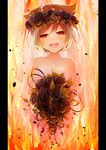  bare_shoulders black_flower black_rose bouquet bridal_veil brown_hair commentary dennryuurai dress fire flower hair_flaps highres original red_eyes rose round_teeth short_hair solo tears teeth veil wedding_dress 