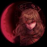  blonde_hair commentary crescent crescent_moon crying crying_with_eyes_open eclipse hair_ornament junko_(touhou) long_hair looking_at_viewer lunar_eclipse miata_(miata8674) moon red_eyes red_moon solo tabard tears touhou upper_body 