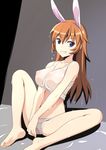  animal_ears barefoot blue_eyes breasts bunny_ears caryo charlotte_e_yeager collarbone covered_nipples crop_top extra_ears grin large_breasts long_hair long_legs looking_at_viewer nanashino nipples orange_hair panties partially_visible_vulva see-through shirt sitting smile soles solo strike_witches underwear v_arms wet wet_clothes wet_shirt white_panties white_shirt world_witches_series 