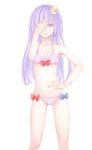  bikini bow covering_one_eye crescent crescent_hair_ornament hair_ornament hand_on_own_stomach highres long_hair looking_at_viewer midriff navel open_mouth patchouli_knowledge pink_bikini purple_eyes purple_hair simple_background solo swimsuit touhou tsukimiya_kamiko white_background 