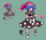  bad_id bad_nicoseiga_id blob blue_eyes blue_hair capelet doremy_sweet dream_soul dress green_background hat holding lowres multicolored multicolored_clothes multicolored_dress nightcap open_mouth parody pixel_art shoes short_hair simple_background solo style_parody tail takorin tapir_tail touhou 
