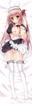  absurdres bangs breasts dakimakura detached_collar eyebrows_visible_through_hair full_body garter_belt highres huge_filesize lace lace-trimmed_thighhighs large_breasts long_hair looking_at_viewer lying maid maid_headdress minatsuki_alumi nipples no_bra no_shoes on_back panties pink_hair solo thighhighs underwear white_legwear white_panties wrist_cuffs yellow_eyes 