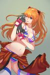  bikini blue_eyes breasts cat catwyz clothes_around_waist face_licking fingerless_gloves gloves headgear highres large_breasts licking long_hair neon_genesis_evangelion one_eye_closed orange_hair simple_background solo souryuu_asuka_langley strap_gap swimsuit thighhighs 