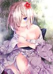  blue_eyes breasts flower grass hair_flower hair_ornament hair_over_one_eye hairclip hamakaze_(kantai_collection) japanese_clothes kantai_collection kimono large_breasts nogi_takayoshi short_hair silver_hair solo yukata 