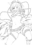  alternate_costume animal_print armor armored_boots belt belt_buckle bikini boots buckle chained_wrists commentary_request djeeta_(granblue_fantasy) gloves granblue_fantasy greyscale highres horns knee_pads monochrome niwatazumi ogre_(granblue_fantasy) oni open_mouth solo swimsuit wrist_guards zebra_print 