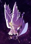  437 bad_id bad_pixiv_id cardcaptor_sakura falling feathered_wings full_body hiiragizawa_eriol long_hair looking_at_another low-tied_long_hair multiple_boys sky spoilers staff star_(sky) starry_sky very_long_hair white_hair white_wings wings yue_(ccs) 