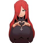  breasts cross hair_over_one_eye heart heart_hands higa_norio inverted_cross large_breasts long_hair looking_at_viewer parasoul_(skullgirls) red_hair simple_background skullgirls solo white_background 
