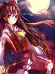  ascot bad_id bad_pixiv_id bow brown_eyes brown_hair cloud detached_sleeves dress full_moon gohei hair_bow hair_tubes hakurei_reimu kashiwagi_chisame long_hair long_sleeves looking_at_viewer moon night red_dress sarashi sky solo touhou very_long_hair 