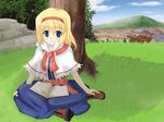  alice_margatroid ascot blonde_hair blue_eyes blush book capelet cross-laced_footwear hairband open_book short_hair sitting smile snowdust_(pixiv) solo touhou tree white_capelet 