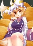  bare_legs dress fox_tail hat highres long_sleeves looking_at_viewer multiple_tails pillow_hat solo tabard tail touhou white_dress wide_sleeves wolflong yakumo_ran yellow_eyes 