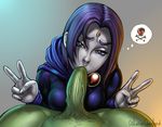  1boy 1girl beast_boy_(dc) dc_comics fellatio forehead_jewel galactic_overlord green_skin grey_skin oral pov purple_hair raven_(dc) shunori skull teen_titans v 