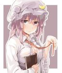  book breast_press breasts crescent hat holding holding_book large_breasts long_hair long_sleeves looking_at_viewer mob_cap muchi_maro open_clothes open_shirt patchouli_knowledge purple_background purple_eyes purple_hair ribbon shirt simple_background solo touhou upper_body white_shirt wide_sleeves 