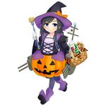  asashio_(kantai_collection) backpack bag blouse boots candy cat food ghost halloween halloween_costume hat highres jack-o'-lantern kantai_collection long_hair pantyhose pumpkin_pants randoseru smile solo staff tun witch_hat 