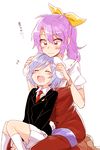  2girls :d ^_^ animal_ears blazer bow bunny_ears closed_eyes hair_bow hair_ribbon highres holding_ears jacket long_hair multiple_girls necktie open_mouth petting playing_with_another's_ears ponytail purple_hair red_eyes reisen ribbon short_hair six_(fnrptal1010) smile touhou translated tsurime watatsuki_no_yorihime 