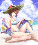  barefoot bikini bob_cut breasts brown_eyes brown_hair floral_print hagiwara_yukiho hat highres idolmaster idolmaster_(classic) izuki_(toneya) medium_breasts open_mouth sarong short_hair smile solo sun_hat swimsuit 