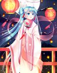  absurdres alternate_costume alternate_hairstyle aqua_eyes aqua_hair chinese_clothes chuushuu_meigetsu_miku fan flower full_moon hair_flower hair_ornament hanfu hatsune_miku highres holding holding_fan long_hair long_sleeves moon night night_sky paper_fan railing shawl sky sky_lantern smile solo standing twintails uchiwa vocaloid vuongdieu wide_sleeves 