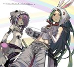  :o android animal_hat asymmetrical_gloves belt bow braid bukurote bunny_hat copyright_name elbow_gloves frown gloves green_hair hair_ornament hair_over_one_eye hairclip hat joints legband long_hair looking_at_viewer midriff multiple_girls navel octavia_(road_to_dragons) pants paw_gloves paws purple_hair red_eyes ribbon road_to_dragons robot_joints rudolph_(road_to_dragons) short_hair white_gloves 