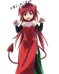 blush claw_pose demon_horns demon_tail dress earrings eyebrows eyebrows_visible_through_hair hair_between_eyes hairband hoop_earrings horn horns jewelry long_hair mahou_shoujo_madoka_magica open_mouth ponytail randoruto-kan red_dress red_hair sakura_kyouko side_slit solo spiked_hairband spikes tail thighhighs translated 