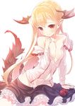  arm_support bangs bare_shoulders bat_wings blonde_hair blush demon_tail flower frills granblue_fantasy head_wings long_hair long_sleeves loose_clothes md5_mismatch multiple_tails off_shoulder open_clothes open_shirt panties patori pointy_ears red_eyes red_flower red_rose rose shingeki_no_bahamut shirt side-tie_panties simple_background skirt solo tail underwear vampire vampy very_long_hair wings 