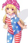  american_flag_dress american_flag_legwear blonde_hair clownpiece fairy_wings fang hat highres jester_cap long_hair open_mouth pantyhose pink_eyes shone smile solo striped striped_legwear touhou very_long_hair wings 