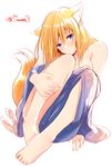  animal_ear_fluff animal_ears bad_id bad_twitter_id bare_shoulders barefoot blonde_hair blue_eyes fox_ears fox_tail futaba_aoi long_hair naomi_(sekai_no_hate_no_kissaten) original solo tail 