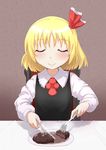  blonde_hair closed_eyes cutting dai-erie food fork hair_ribbon knife meat ribbon rumia short_hair smile solo steak touhou 