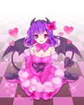  avarita_(otoca_d'or) bad_id bad_pixiv_id bat_wings black_bow black_sleeves boots bow breasts bridal_gauntlets checkered checkered_floor cleavage demon_tail detached_collar earrings full_body hair_ornament hairband heart heart-shaped_pupils heart_earrings heart_hair_ornament horn_bow horns jewelry kneeling medium_breasts mitsuyaama nail_polish otoca_d'or pink_bow pink_eyes pink_footwear pink_skirt pink_sleeves platform_footwear purple_hair red_nails short_hair skirt smile solo sparkle symbol-shaped_pupils tail thigh_boots thighhighs wings 