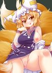  blush bottomless breasts dress fox_tail hat highres large_breasts long_sleeves looking_at_viewer multiple_tails nipples off_shoulder pillow_hat pubic_hair pussy smile solo spread_legs tabard tail tongue tongue_out touhou white_dress wide_sleeves wolflong yakumo_ran yellow_eyes 