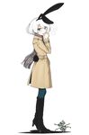  animal_ears black_footwear blue_eyes boots bunny_ears bunny_tail coat high_heels highres knee_boots looking_at_viewer open_mouth original razi scarf short_hair simple_background solo tail white_background white_hair winter_clothes winter_coat 