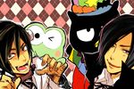  argyle argyle_background arsmagna bad_id bad_pixiv_id badtz-maru bak_witt bird black_hair blush_stickers cape cosplay fang frankenstein's_monster frankenstein's_monster_(cosplay) frog green_hair halloween halloween_costume hasunoue_keroppi hat kero_kero_keroppi kurou_kentou male_focus mascot multiple_boys one_eye_closed ooyama_(hnk1018) penguin smile top_hat vampire_costume 