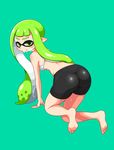  1girl all_fours ass barefoot bike_shorts bra from_behind green_eyes green_hair inkling looking_back pointy_ears solo splatoon sweat tentacle_hair underwear wet yuta_agc 