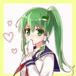  alternate_costume alternate_hairstyle bad_id bad_twitter_id covering_mouth frog_hair_ornament green_eyes green_hair hair_ornament hair_tubes heart kochiya_sanae letter long_hair looking_at_viewer love_letter ponytail school_uniform serafuku sketch snake_hair_ornament solo tareme touhou upper_body yada_(xxxadaman) 