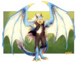  2018 3_toes 5_fingers anthro clothed clothing digital_media_(artwork) digitigrade dragon eyes_closed hair horn male membranous_wings ravoilie smile solo toes wings 