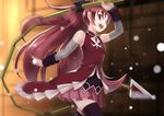  bare_shoulders black_legwear blush bow detached_sleeves hair_bow highres long_hair magical_girl mahou_shoujo_madoka_magica open_mouth polearm ponytail red_eyes red_hair rin2008 sakura_kyouko smile solo spear thighhighs weapon 