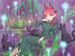  animal animal_ears blush bow braid cat cat_ears dress extra_ears green_dress hair_bow hair_ornament highres hitodama kaenbyou_rin kugata1 leg_ribbon long_sleeves looking_at_viewer multiple_tails one_eye_closed pointy_ears puffy_sleeves red_eyes red_hair ribbon short_hair sitting slit_pupils smile solo tail touhou twin_braids 