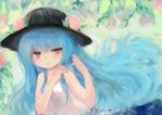  bad_id bad_pixiv_id blue_hair blush dress food fruit hat hinanawi_tenshi leaf long_hair looking_to_the_side maccha_cocoa_(mococo) open_mouth peach red_eyes sleeveless solo touhou upper_body 