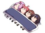  :3 :t =_= ahoge amagaeru_(hylathewet) bed_sheet black_hair black_legwear blush brown_hair check_commentary closed_eyes commentary commentary_request eyebrows hair_between_eyes hair_ornament hair_ribbon hatsuharu_(kantai_collection) hatsushimo_(kantai_collection) headband headgear_removed highres hikimayu kantai_collection loafers long_hair lying multiple_girls nenohi_(kantai_collection) on_back open_mouth pink_hair ponytail pout purple_hair remodel_(kantai_collection) ribbon shide shoes short_eyebrows short_hair simple_background sleeping teruyof v-shaped_eyebrows very_long_hair wakaba_(kantai_collection) white_background 